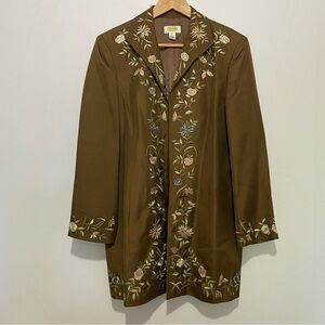 Talbots Petites 16P Brown Silk Blend Floral‎ Embroidered Long Line Jacket Blazer
